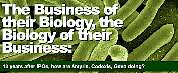 The Business of their Biology, the Biology of their Business: 10 years after IPOs, how are Amyris, Gevo, Codexis doing?